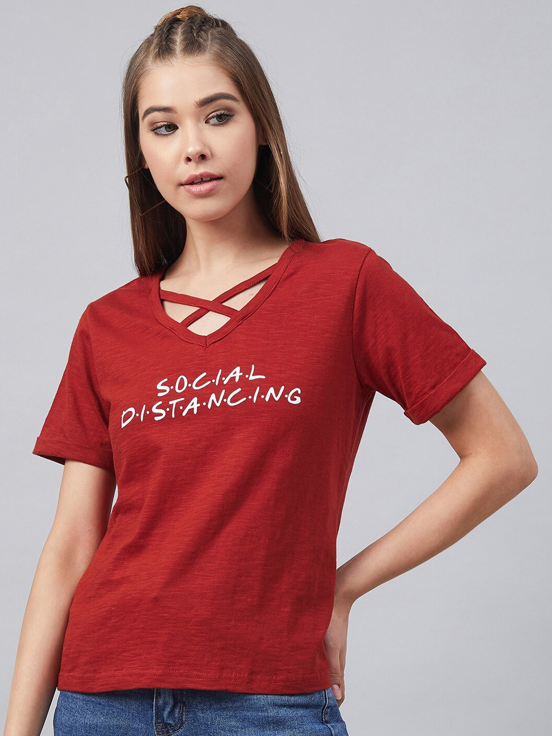 

RARE Women Red & White Printed V-Neck T-shirt