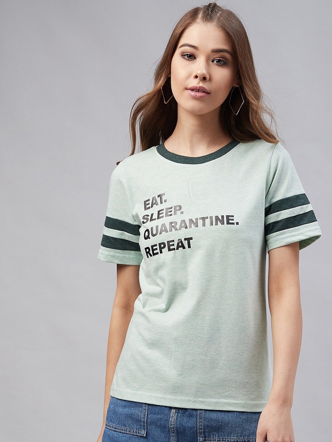 

RARE Women Green Printed Round Neck T-shirt