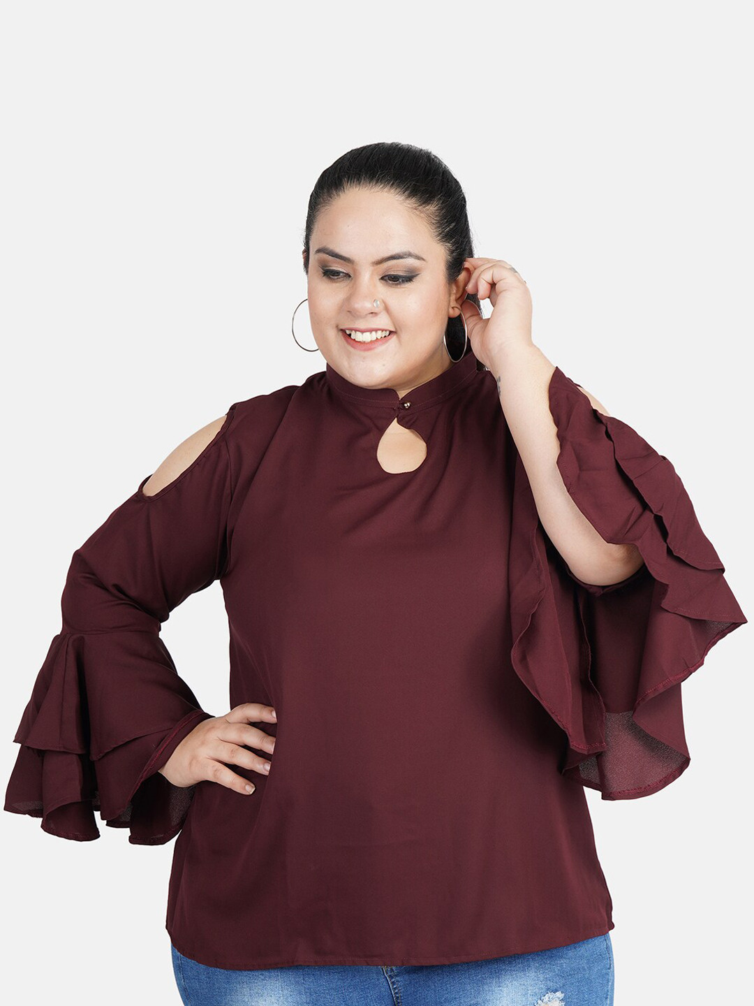 

Indietoga Women Maroon Solid Bell Sleeves A-Line Plus Size Top