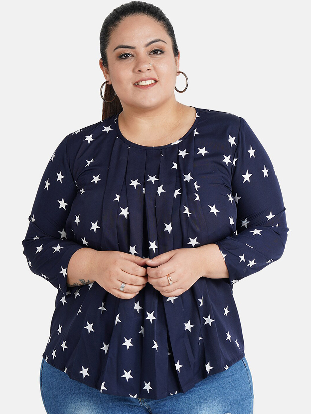 

Indietoga Women Navy Blue Printed Plus Size Top