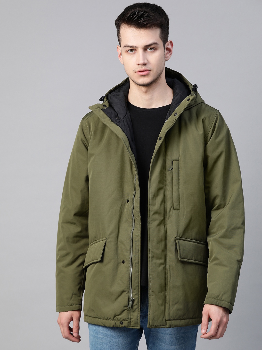 

Levis Men Olive Green Solid Water Resistant Hooded Padded Jacket