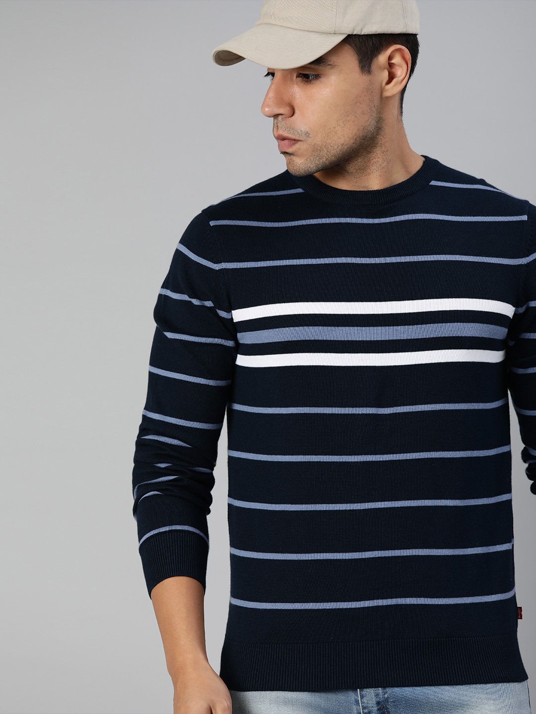 

Levis Men Navy Blue & White Striped Pullover Sweater
