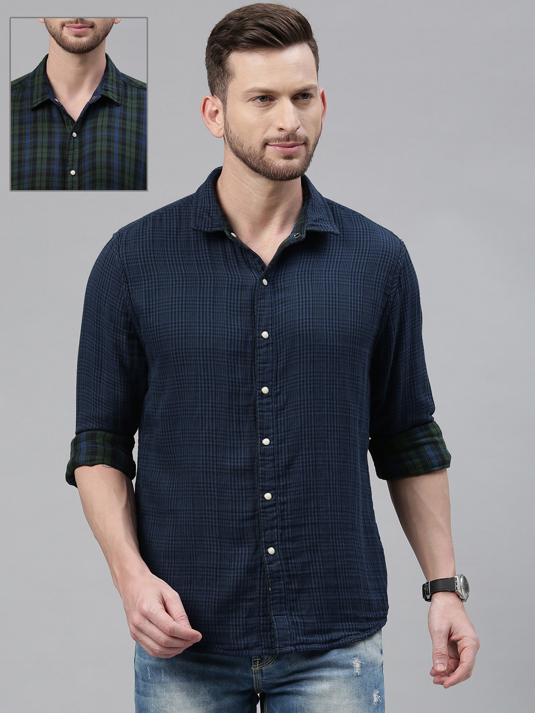

Levis Men Blue & Green Checked Reversible Pure Cotton Casual Shirt