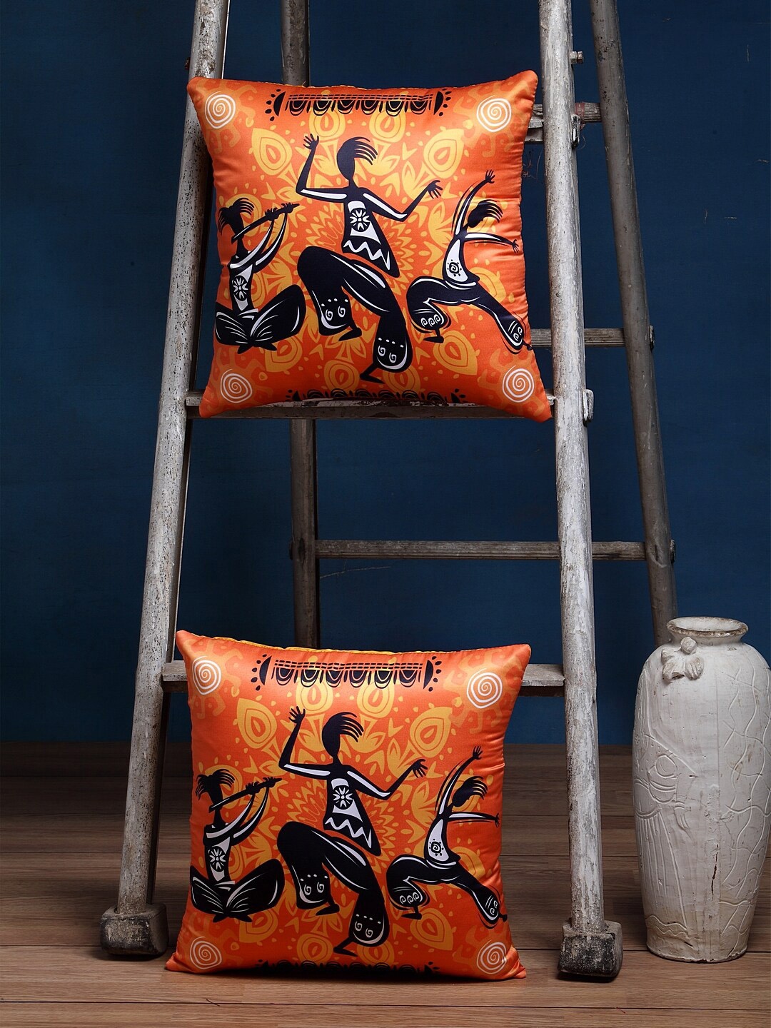 Alina decor Orange & Black Set of 2 Abstract Square Cushion Covers