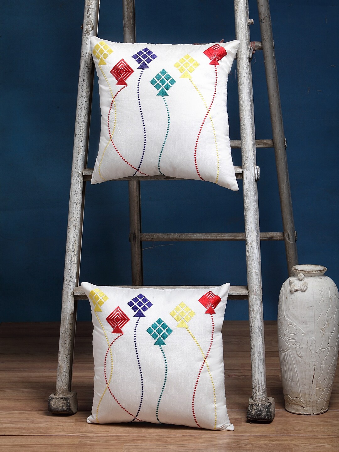 

Alina decor Set of 2 Off-White & Blue Geometric Square Cushion Covers