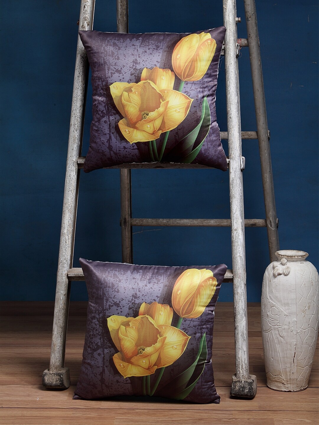 

Alina decor Set of 2 Grey & Yellow Floral Square Cushion Covers
