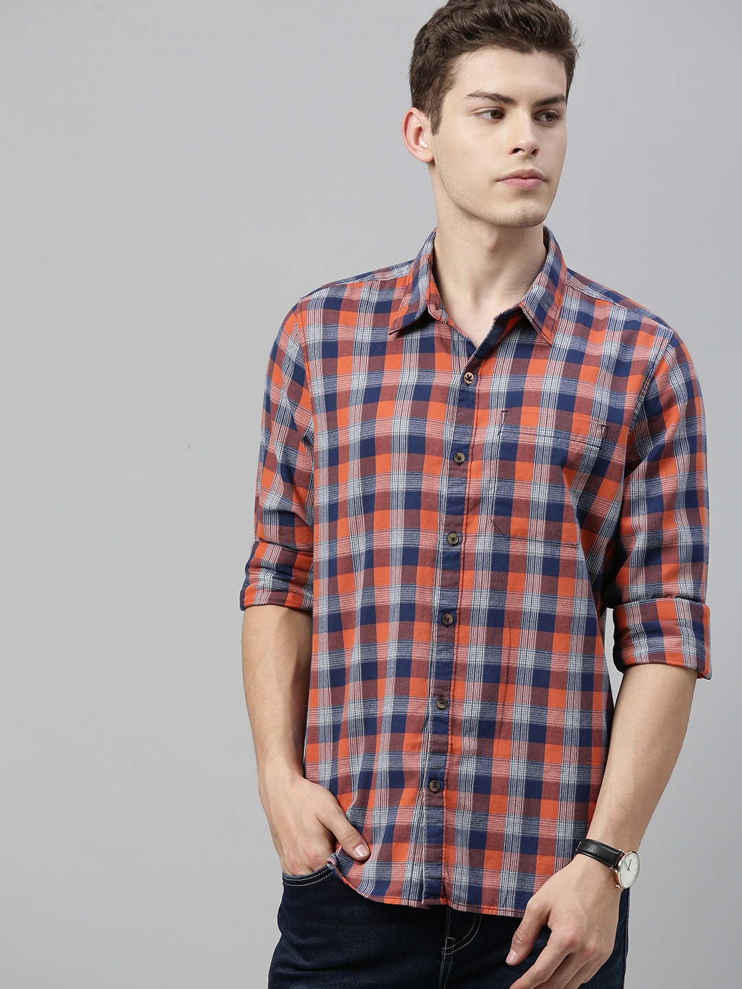 

WROGN Men Navy Blue & Rust Orange Slim Fit Checked Casual Shirt