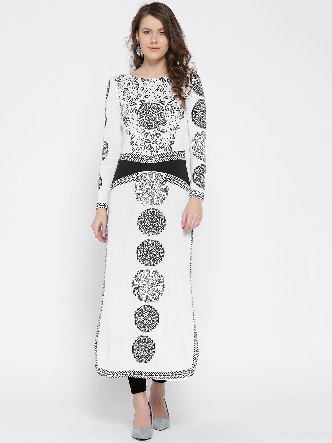 

Ira Soleil Women Off-White Knitted Printed Straight Kurta