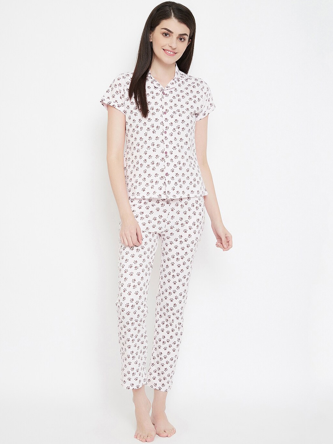 

Clovia Women White & Pink Printed Night suit