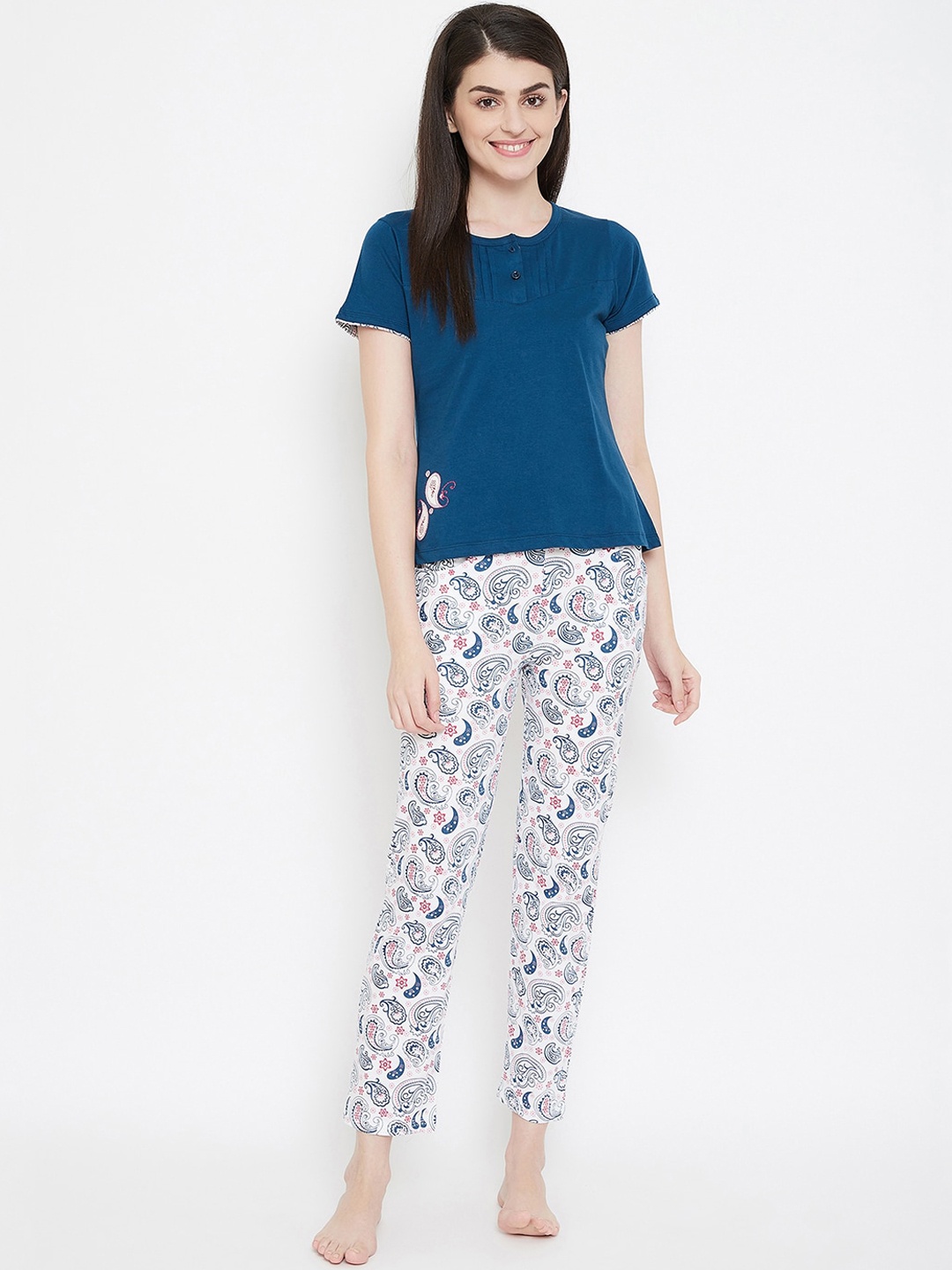 

Clovia Women Blue & White Solid Night Suit