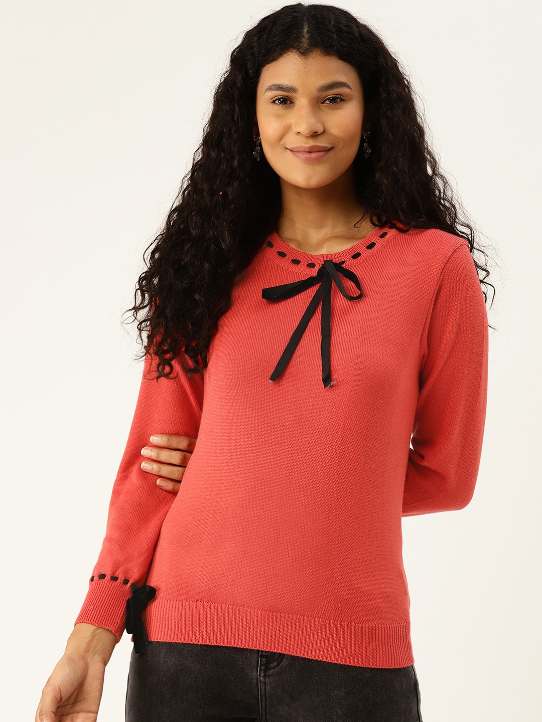

American Eye Women Coral Red Solid Pullover