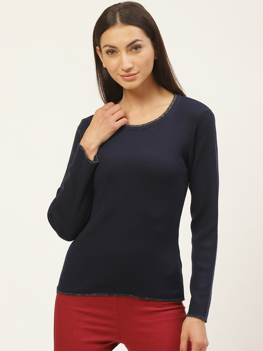 

American Eye Women Navy Blue Ribbed Acrylic Pullover