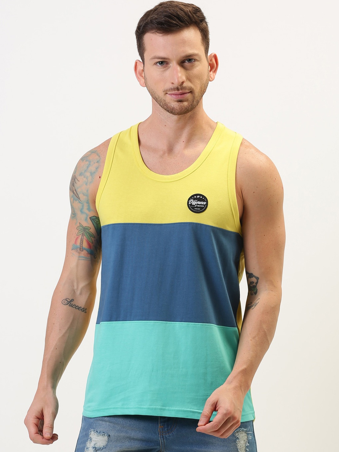 

Difference of Opinion Men Yellow & Blue Colourblocked Round Neck T-shirt