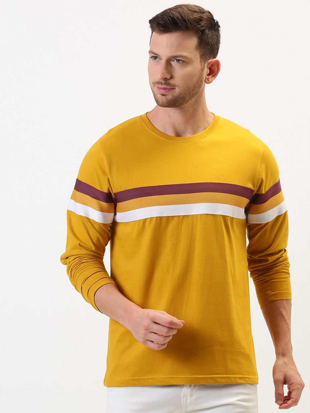 

Difference of Opinion Men Mustard Yellow Striped Round Neck T-shirt