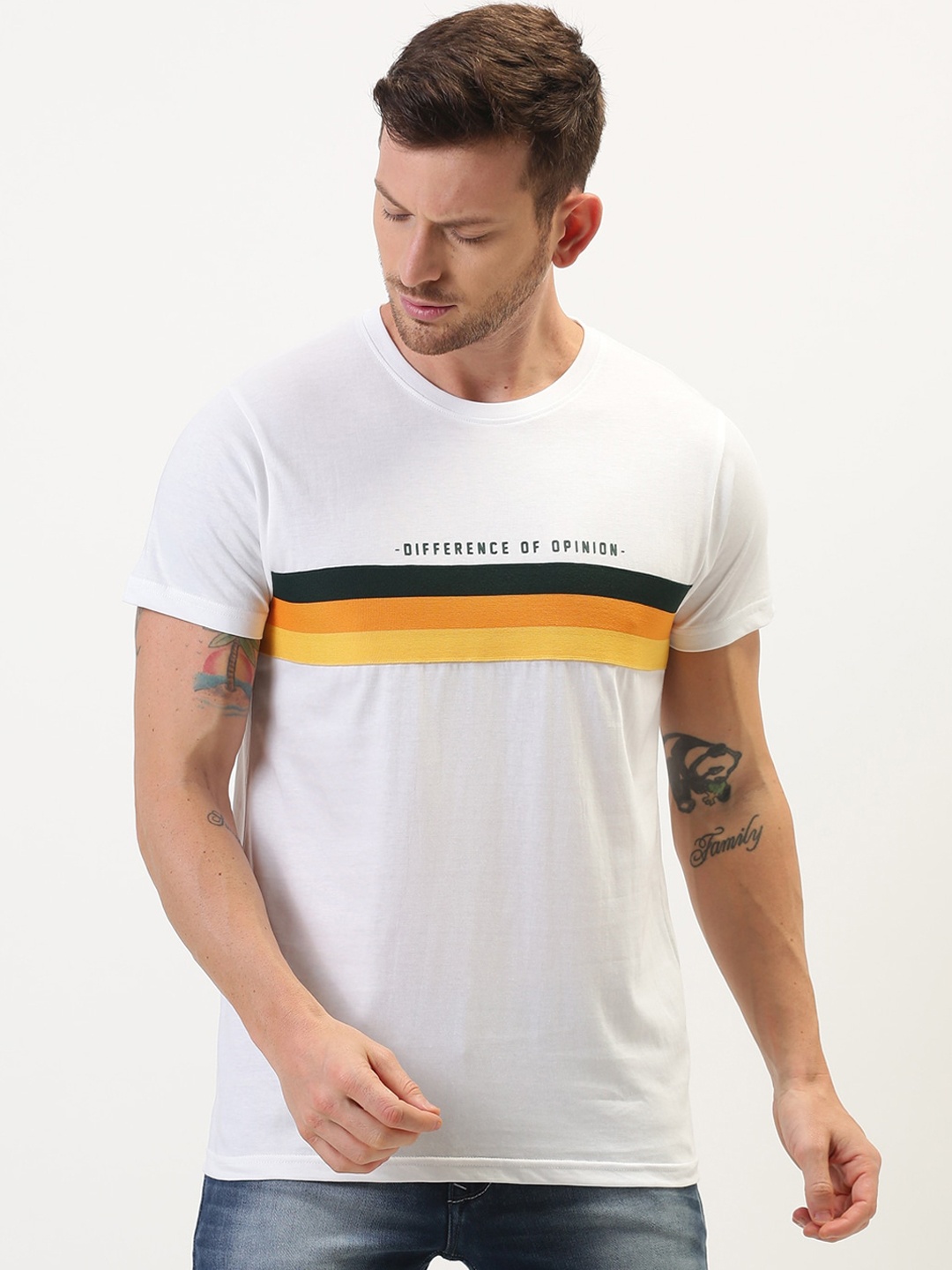 

Difference of Opinion Men White & Yellow Striped Round Neck T-shirt