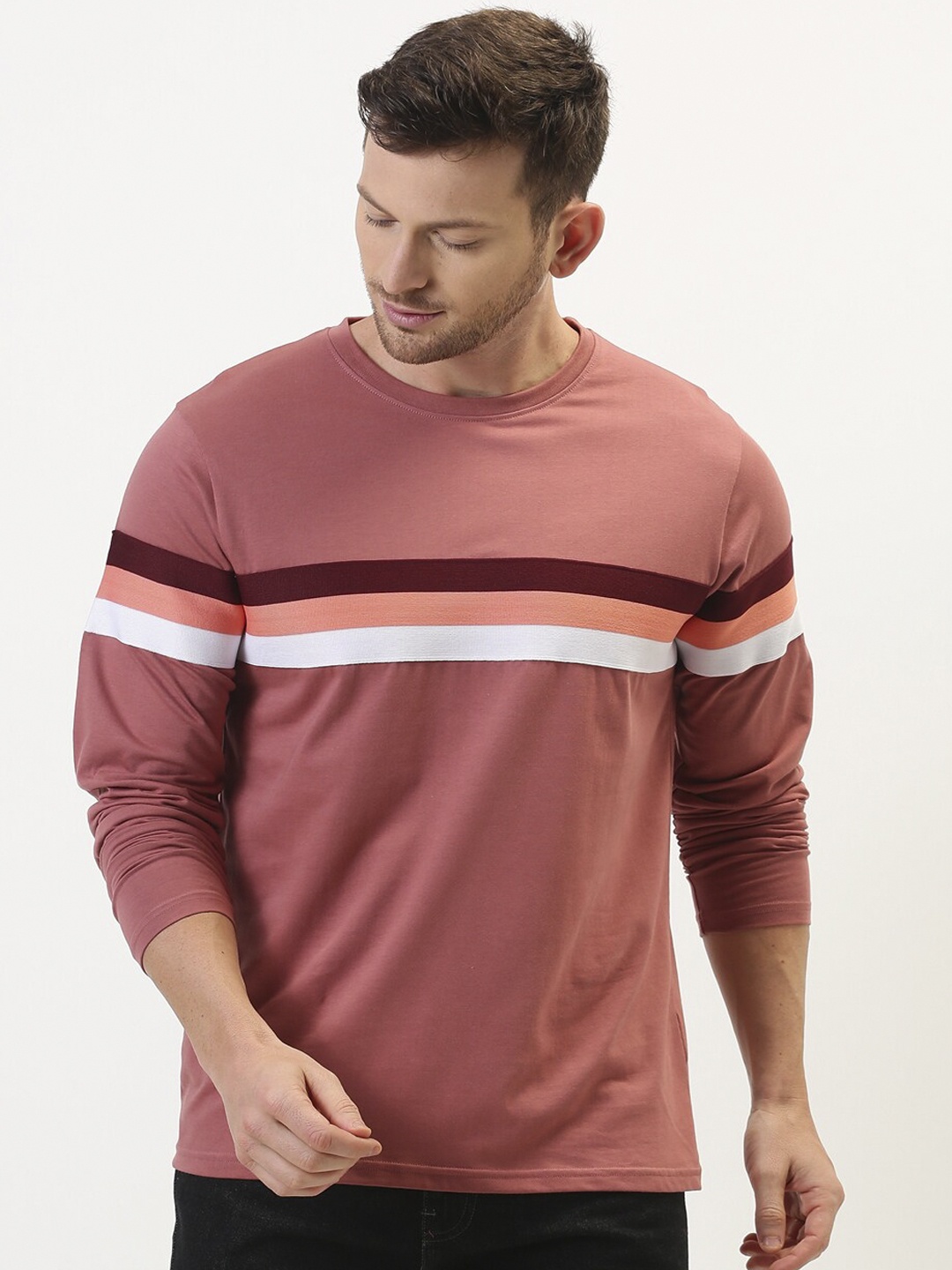 

Difference of Opinion Men Pink Striped Round Neck T-shirt