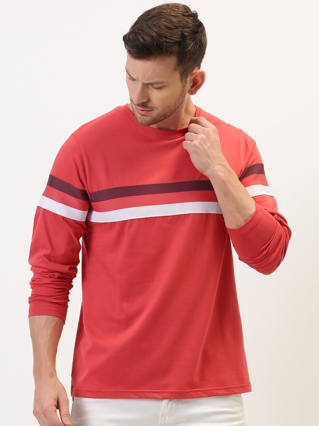 

Difference of Opinion Men Red Striped Round Neck T-shirt