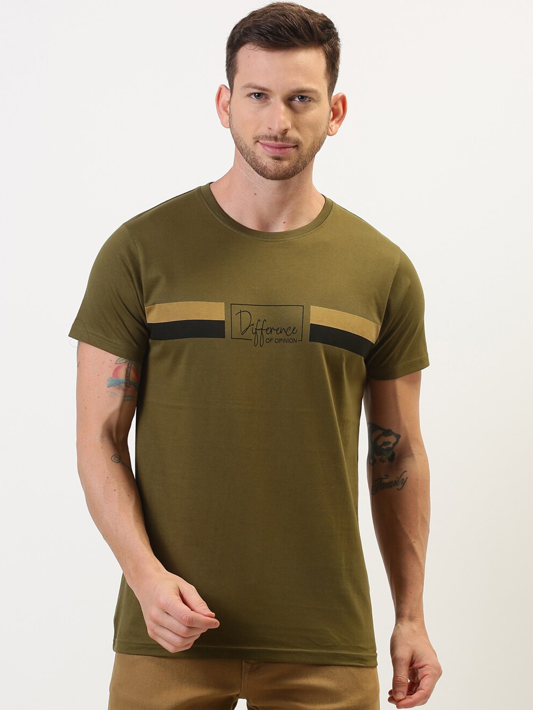 

Difference of Opinion Men Olive Green Striped Round Neck T-shirt