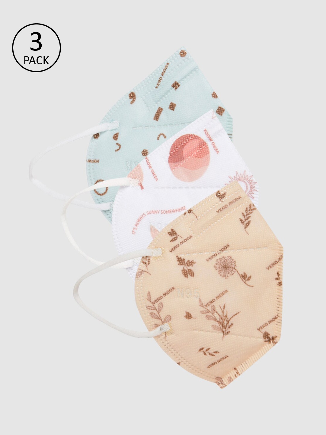 

Vero Moda Women Pack of 3 Pcs Multicoloured Printed 5-Ply Protective N95 Masks, White