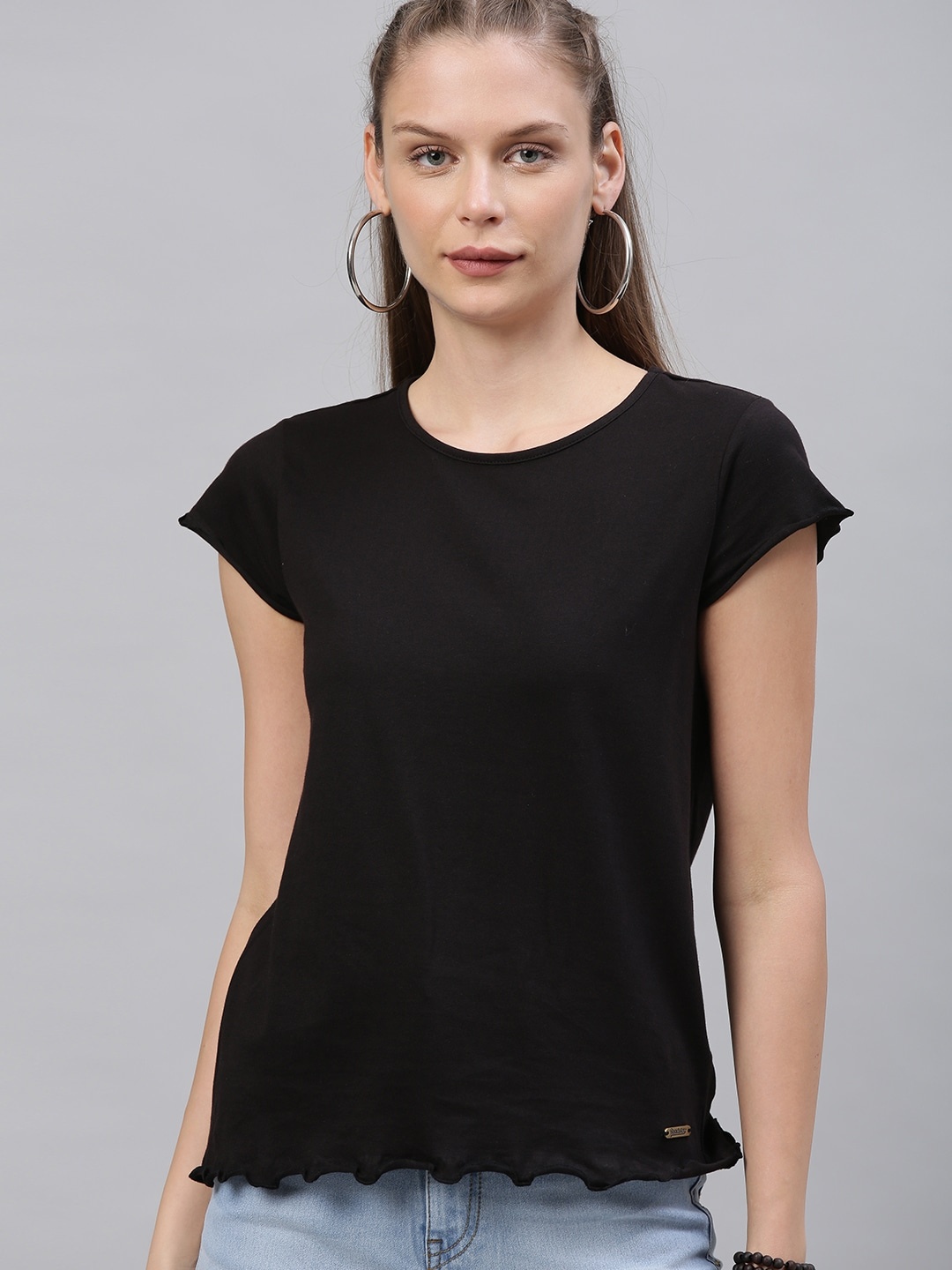 

Roadster Women Black Solid Pure Cotton Top