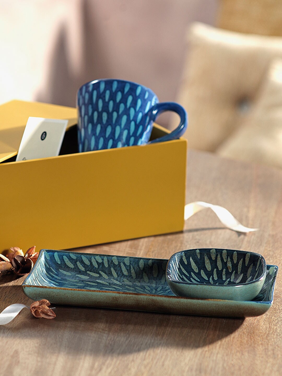 

ellementry Blue Ceramic Tea Cup With Platter & Bowl Home Gift Set