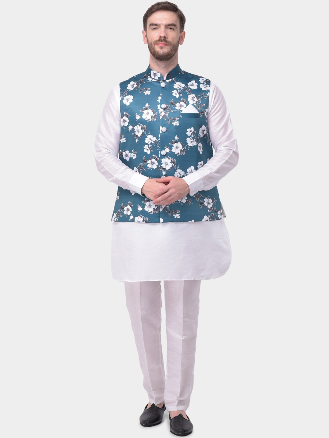 

SG LEMAN Men White & Blue Solid Kurta with Trousers