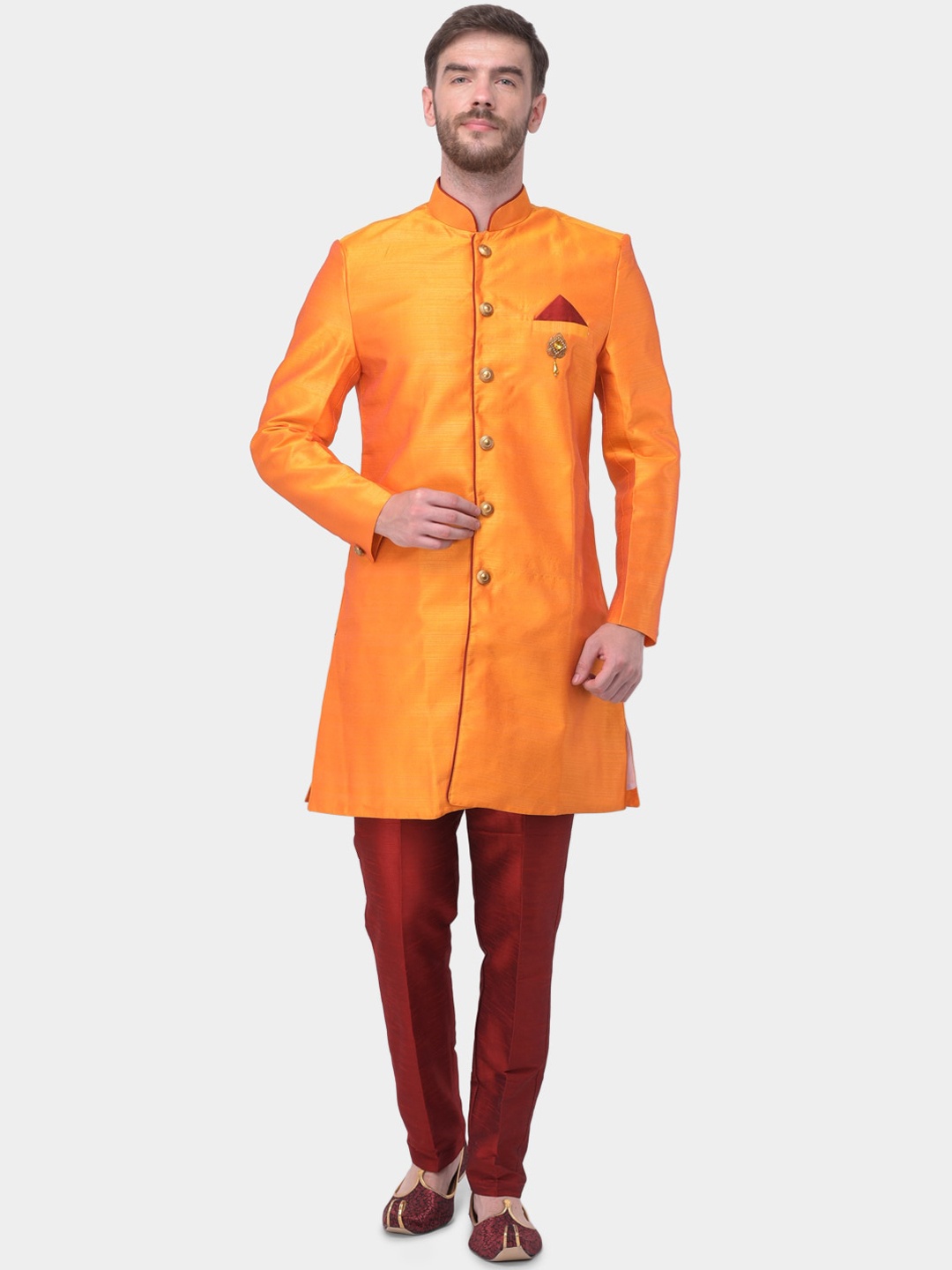 

SG LEMAN Men Orange & Maroon Raw Silk Sherwani Set