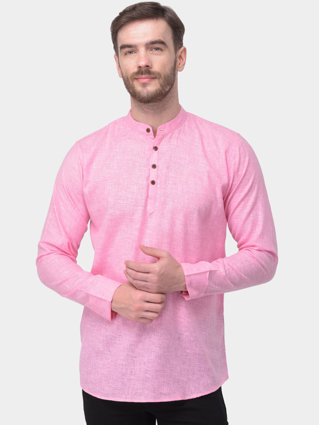 

SG LEMAN Men Pink Solid Straight Cotton Kurta