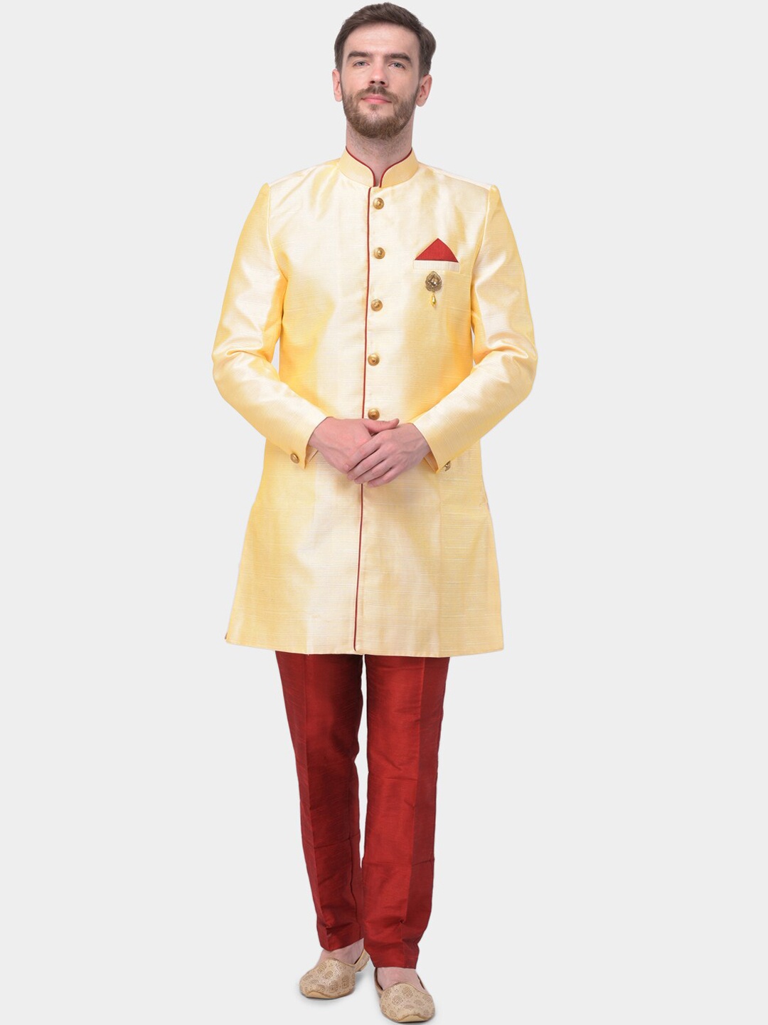 

SG LEMAN Men Gold-Coloured & Maroon Raw Silk Sherwani Set