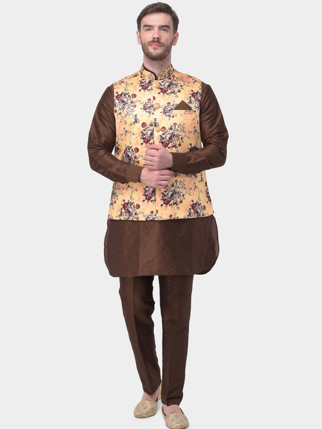 

SG LEMAN Men Brown & Orange Solid Kurta with Trousers & Jacket