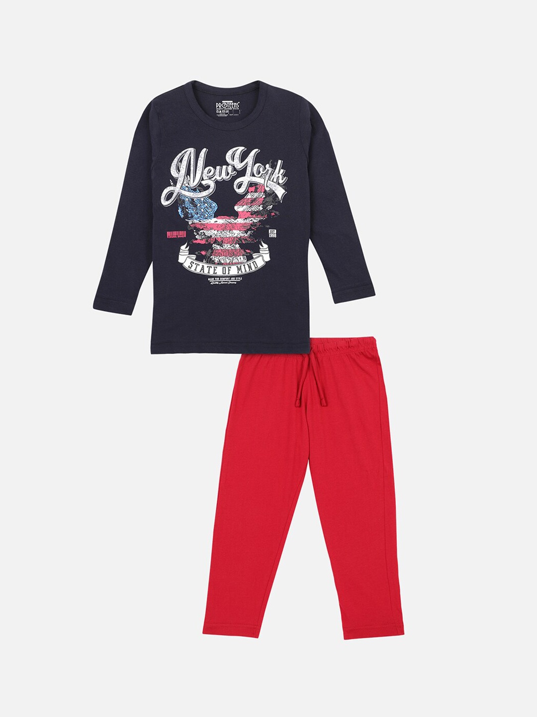 

PROTEENS Boys Navy Blue & Black Printed Night Suit
