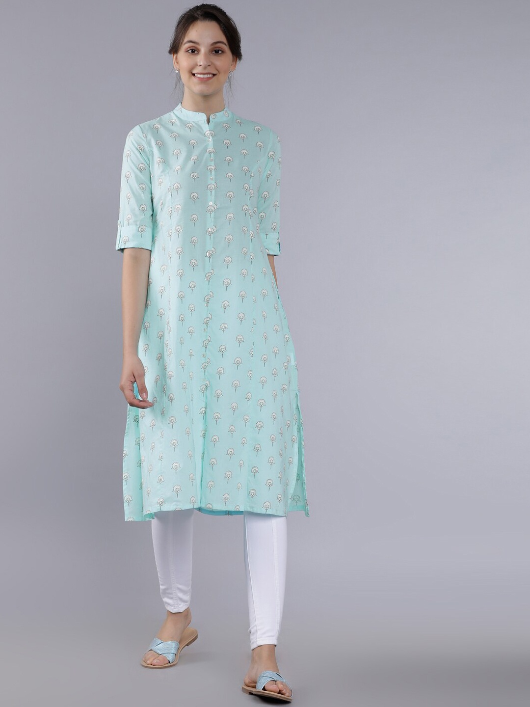 

Vishudh Women Aqua Blue Floral Print Straight Kurta