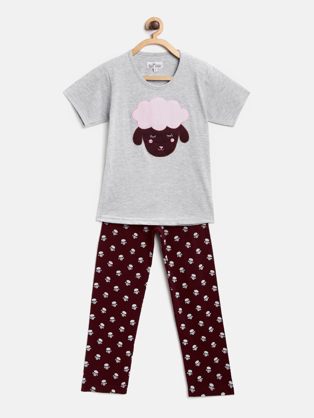 

Nite Flite Girls Grey Melange & Burgundy Printed Night suit