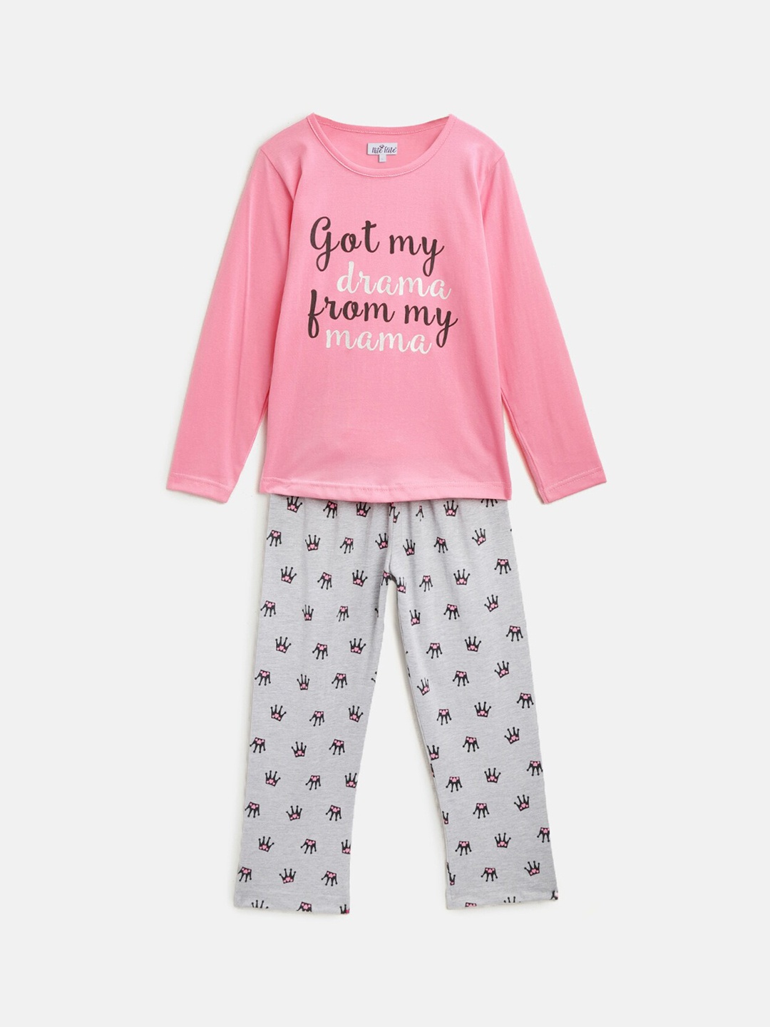

Nite Flite Girls Pink & Grey Printed Night Suit