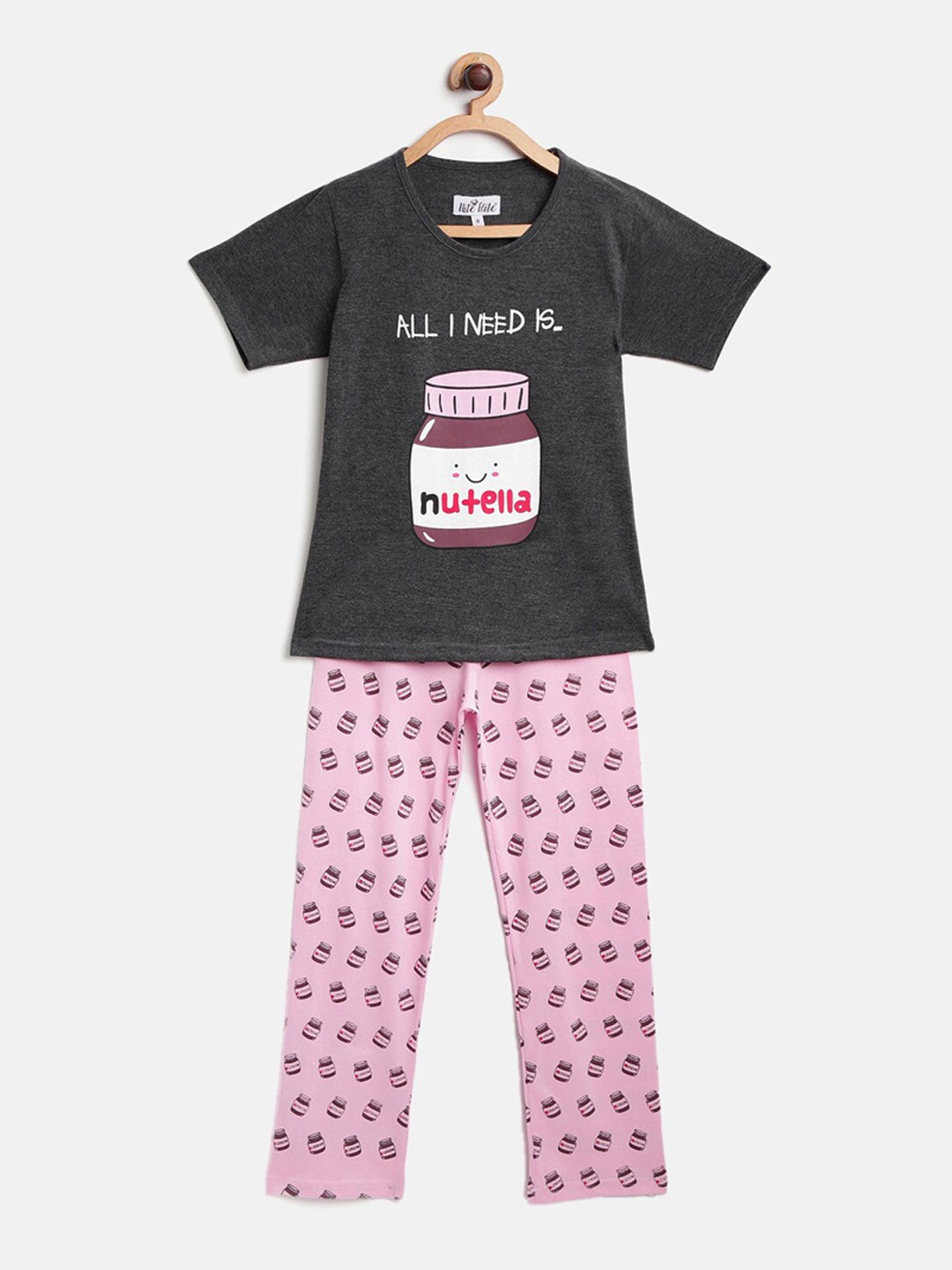 

Nite Flite Girls Charcoal Grey & Pink Printed Night Suit