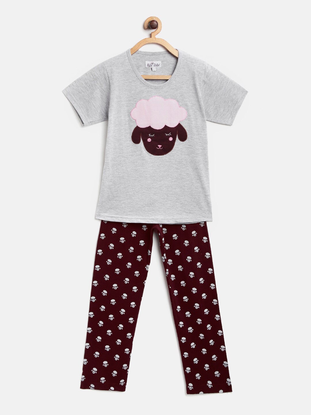 

Nite Flite Girls Grey Melange & Burgundy Printed Night Suit with Applique Detail