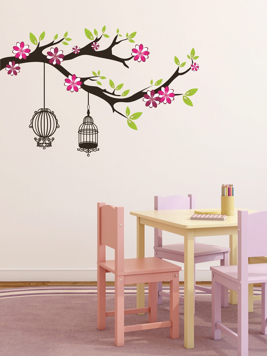 

WALLSTICK Brown & Pink Bird Cage On Tree Large Vinyl Wall Sticker