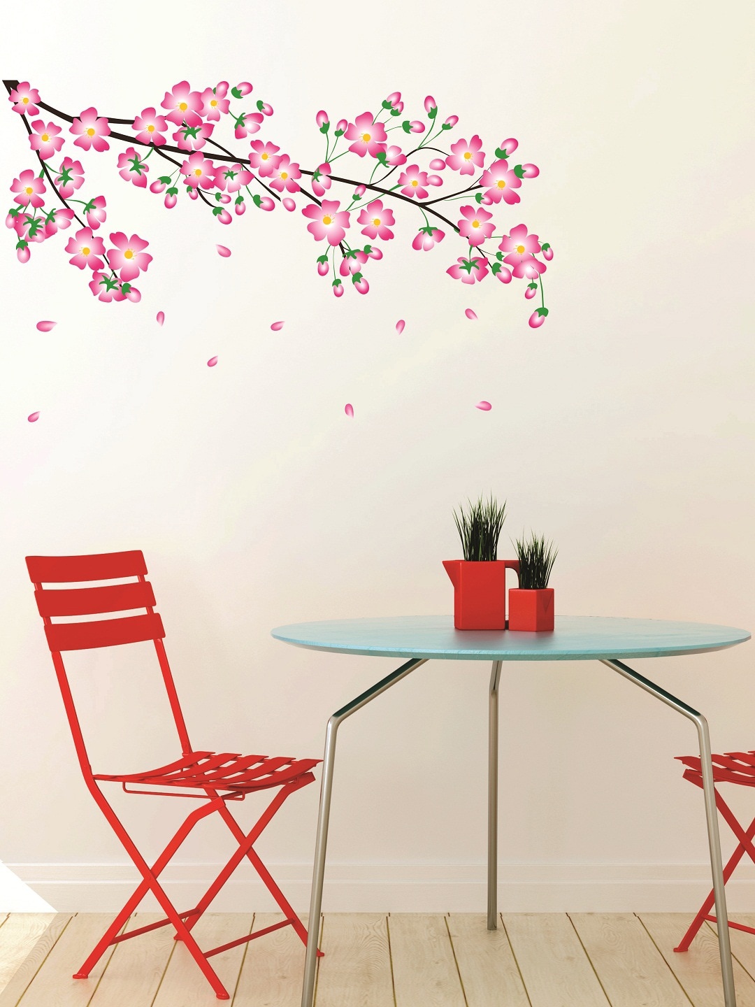 

WALLSTICK Pink & Green Floral Large Vinyl Wall Sticker