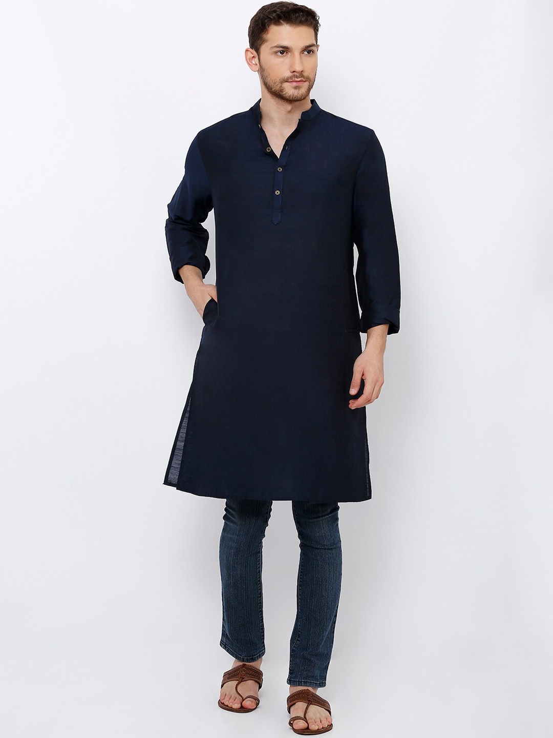 

SALWAR STUDIO Men Navy Blue Solid A-Line Kurta