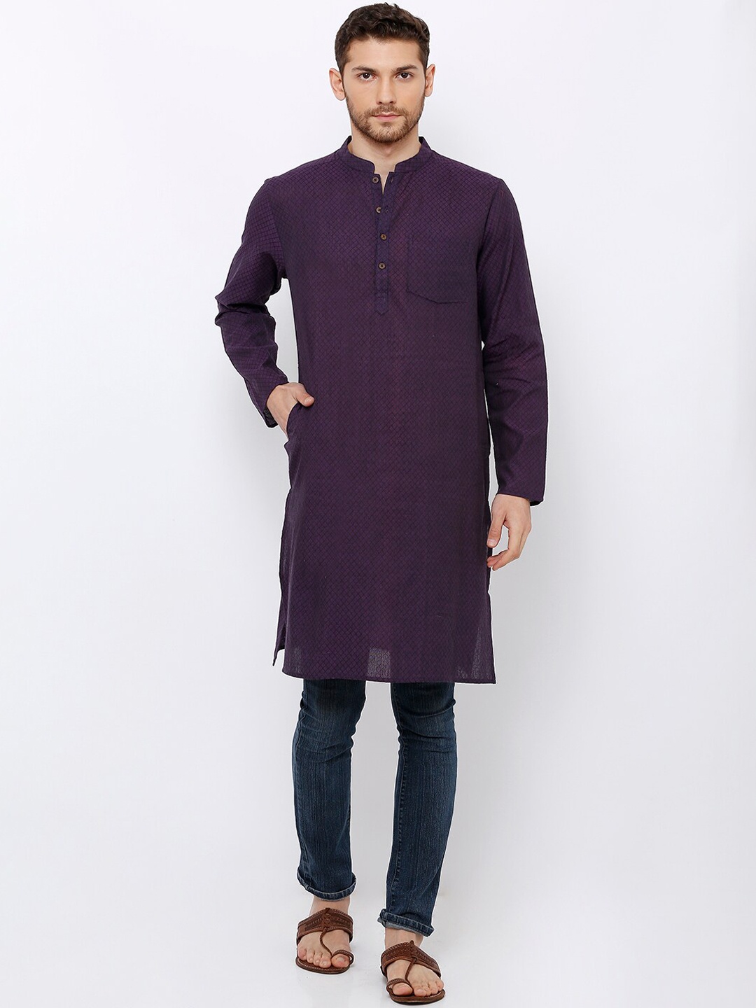 

SALWAR STUDIO Men Purple Woven Design Straight Handloom Kurta