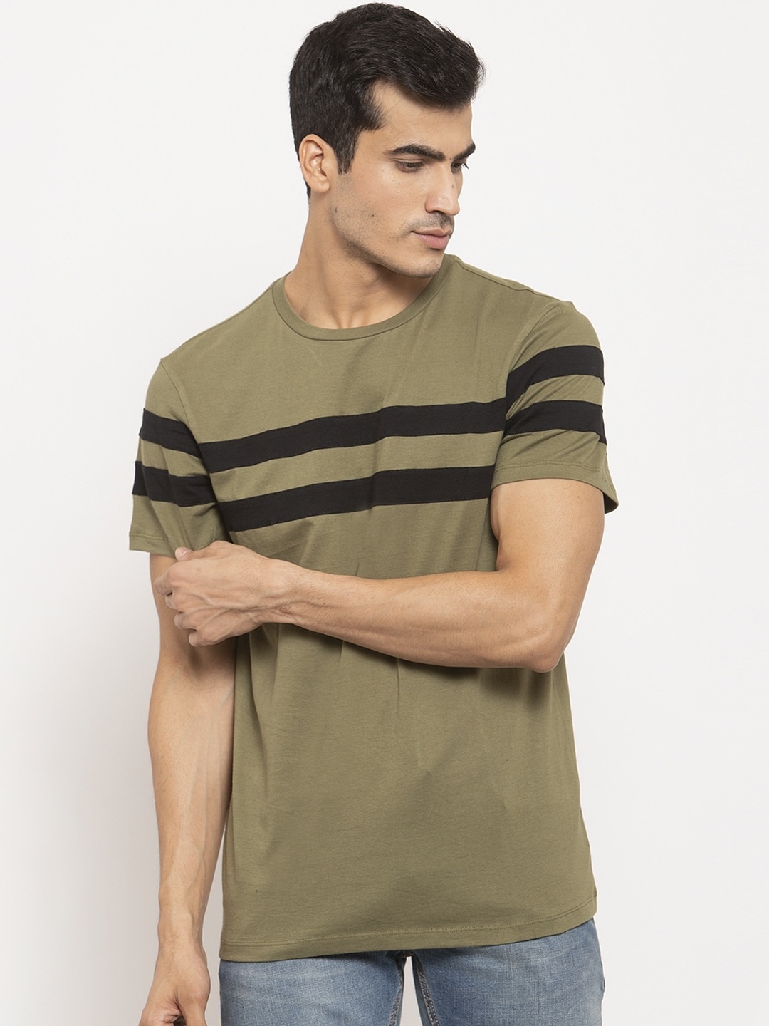 

DOOR74 Men Olive Green Striped Round Neck T-shirt