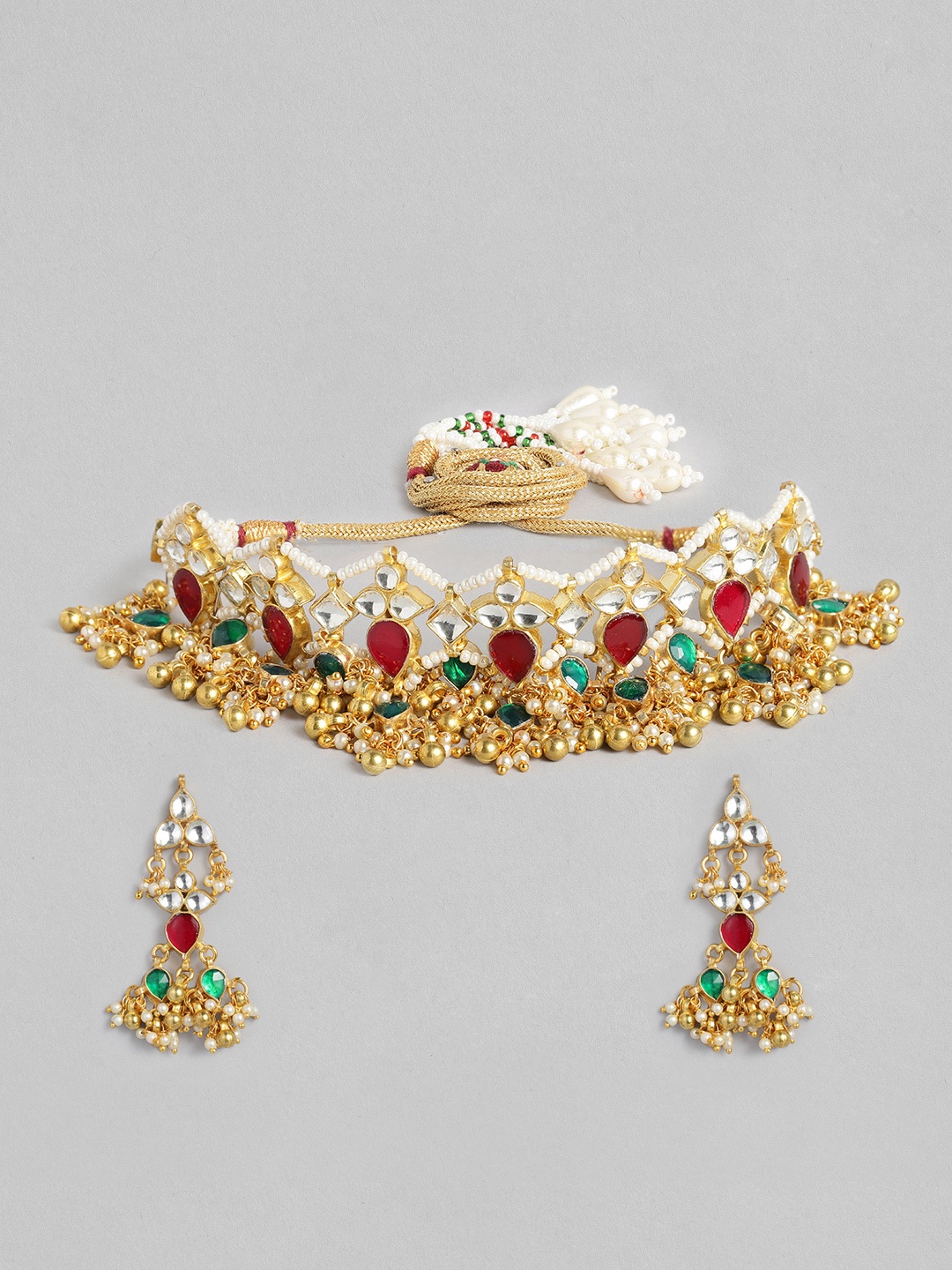 

justpeachy Gold-Plated & White Kundan & Beads Studded Choker Jewellery Set
