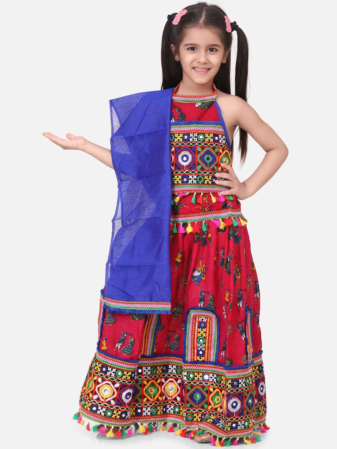 

BownBee Girls Red & Blue Embroidered Ready to Wear Chaniya Choli