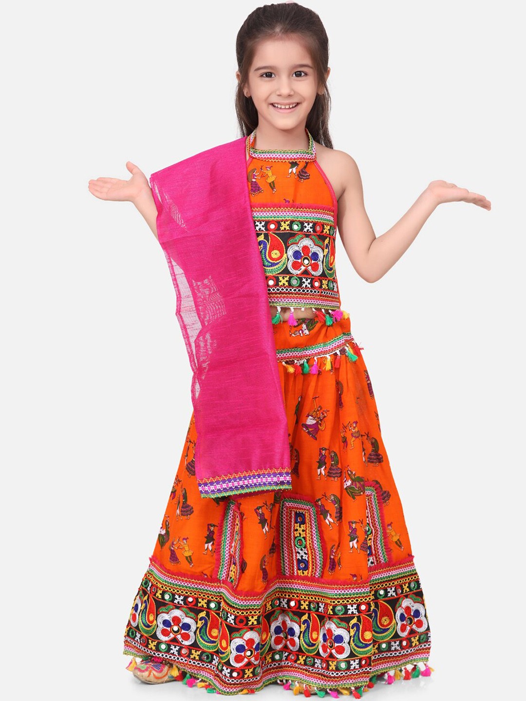 

BownBee Girls Orange & Pink Embroidered Ready to Wear Chaniya Choli