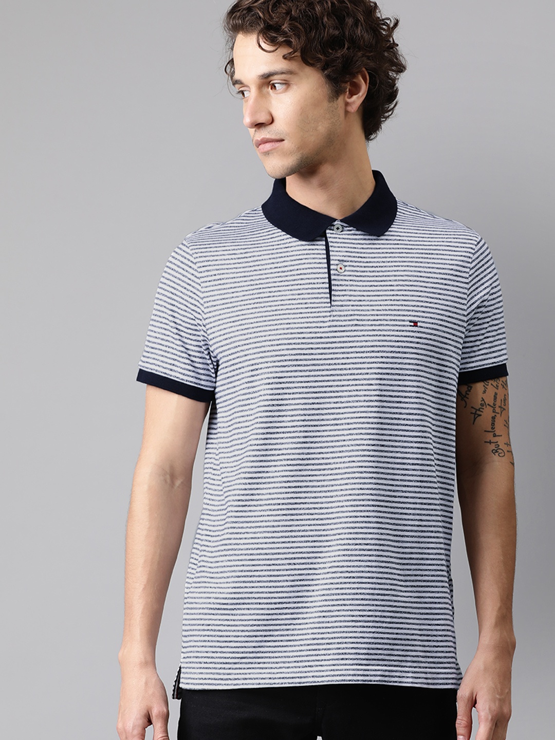 

Tommy Hilfiger Men Navy Blue White Slim Fit Striped Contrast Polo Collar Pure Cotton T-shirt