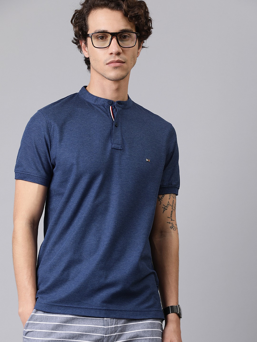 

Tommy Hilfiger Men Blue Solid Mandarin Collar Pure Cotton T-shirt