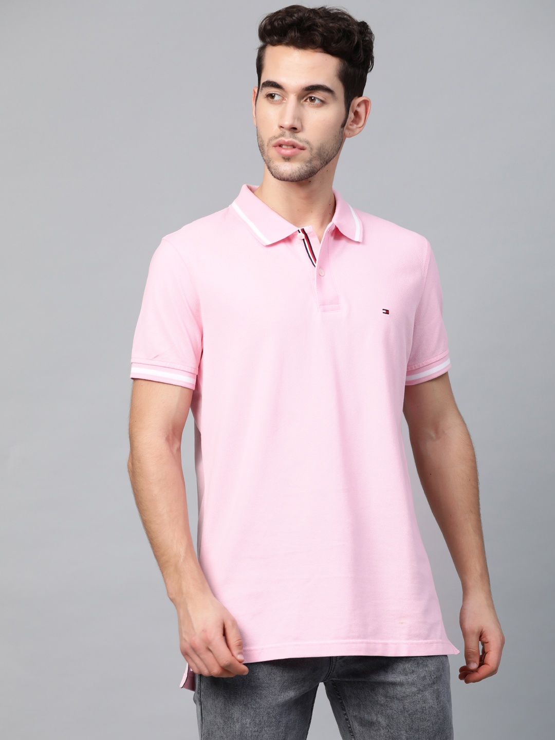 

Tommy Hilfiger Men Pink Solid Polo Collar Pure Cotton T-shirt