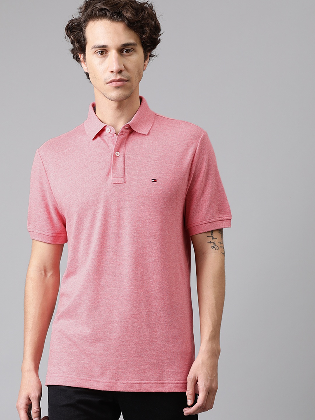 

Tommy Hilfiger Men Pink Solid Polo Collar Pure Cotton T-shirt
