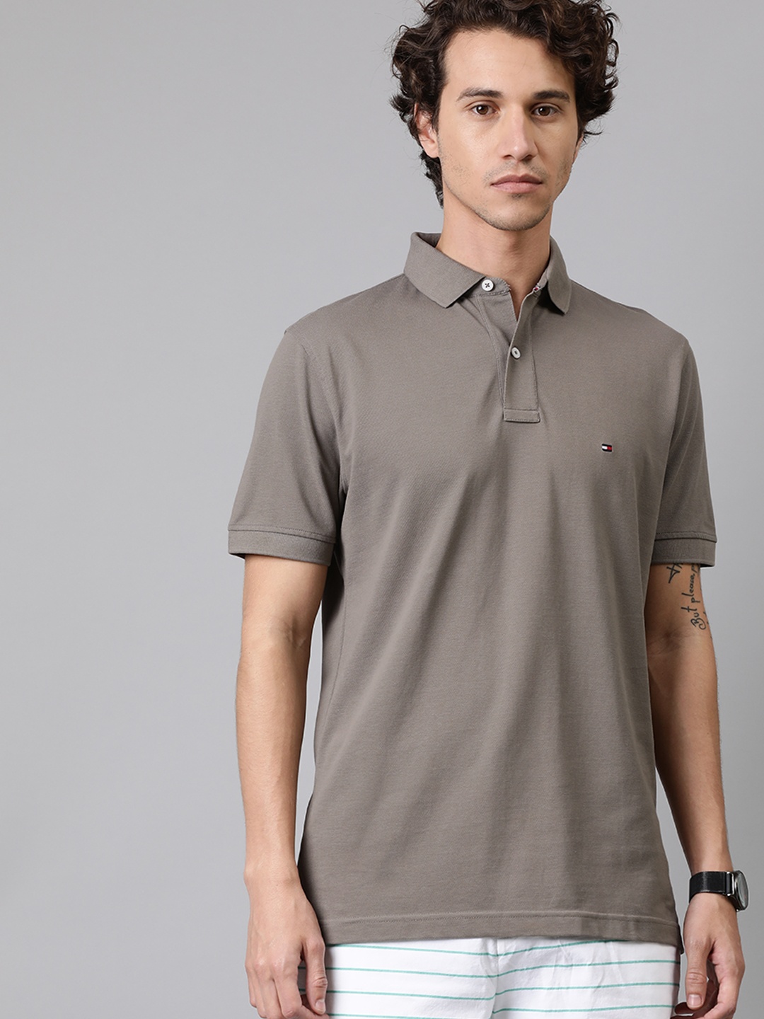 

Tommy Hilfiger Men Grey Solid Polo Collar Pure Cotton T-shirt