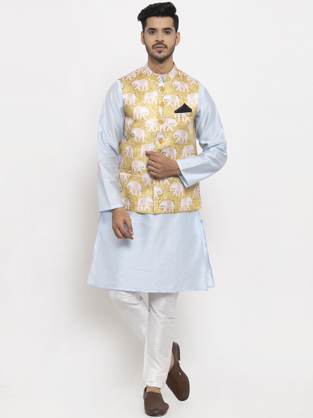 

NEUDIS Men Mustard & Blue Solid Kurta & Pyjamas with Jacket